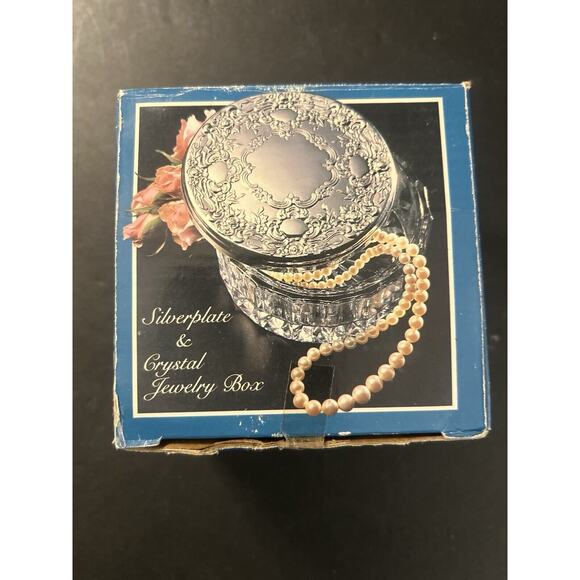 Vintage-New In Box-Round Crystal Trinket Box With Silver Embossed Lid-RARE FIND - Picture 1 of 6